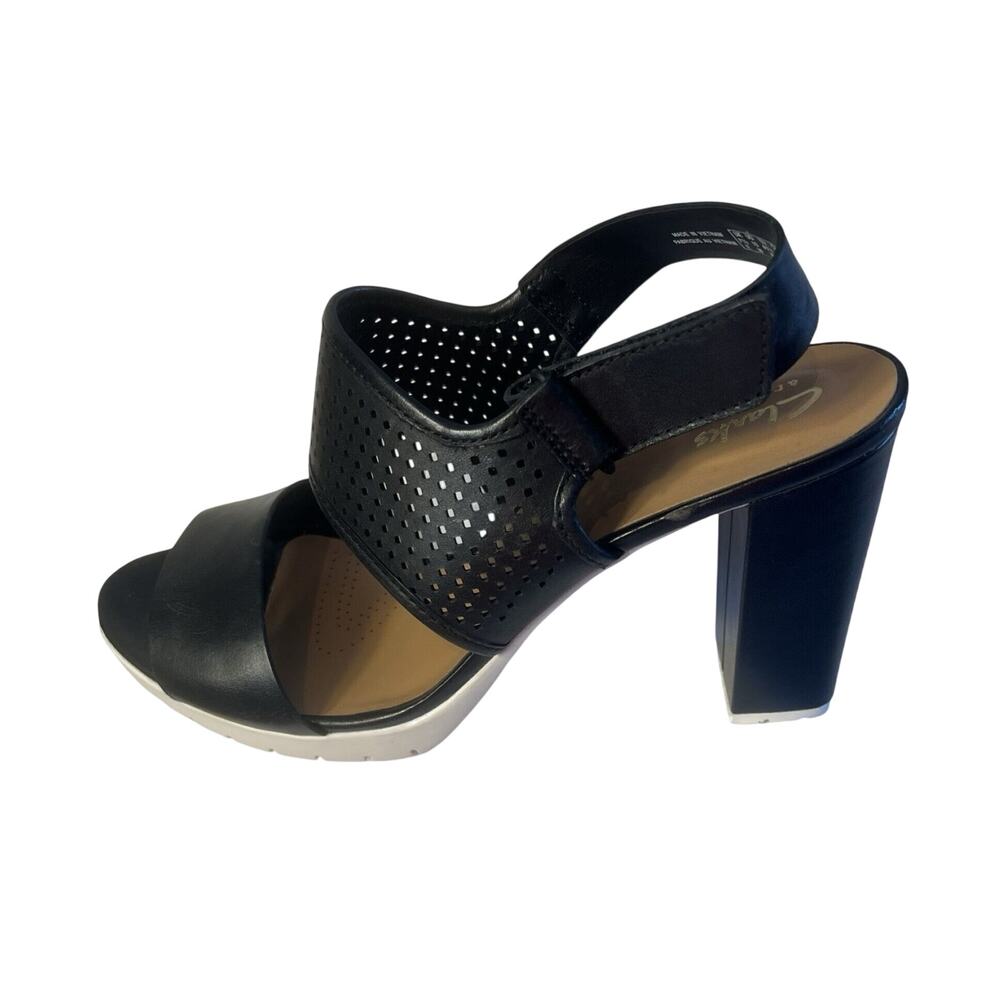 Clarks Heels Size 10W Pastina Malory Black Leather Sandals Ankle Strap Open NEW